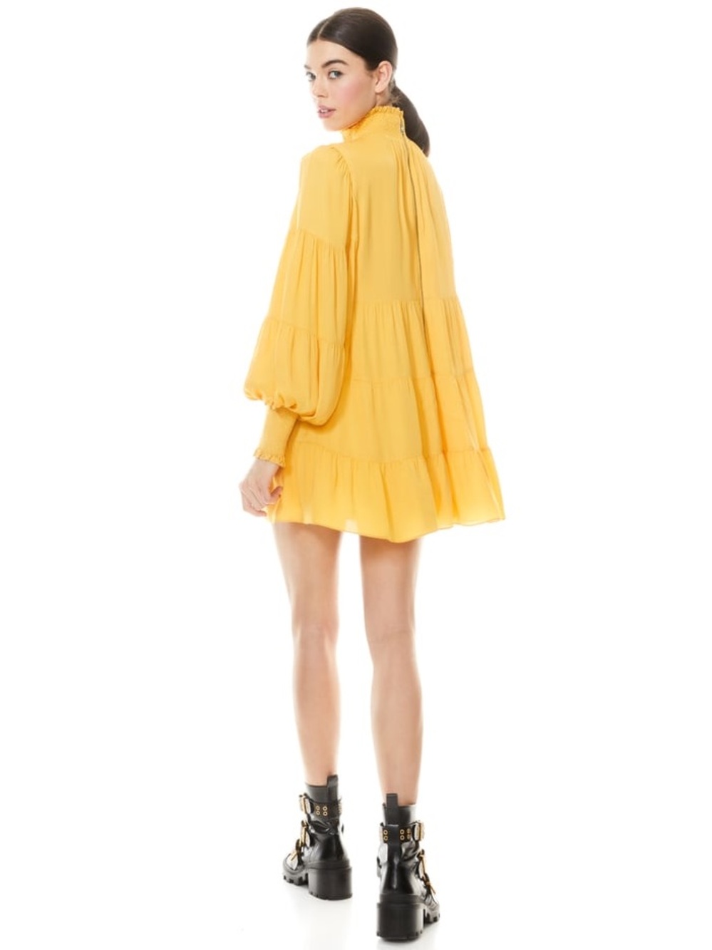 NWT Alice + Olivia Yellow High-Neck Tiered Mini Dress 10 - Picture 2 of 16